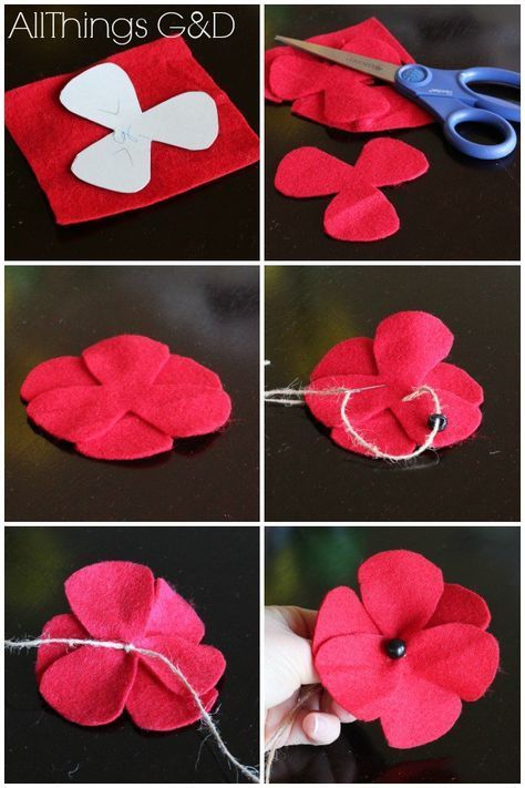 DIY Felt Poppies - step by step instructions and a template included. | www.allthingsgd.com Felt Poppies, Memorial Day Poppies, Make Felt Flowers, Felt Flower Template, Remembrance Day Art, Poppy Craft, Remembrance Poppy, Baby Mobil, Felt Flowers Diy