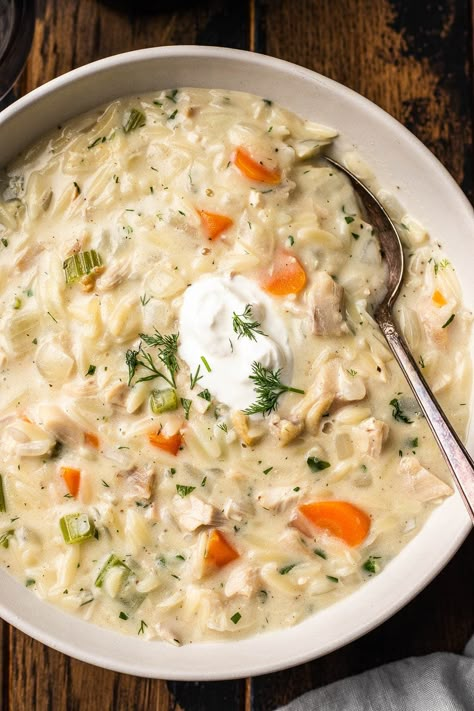 Creamy Chicken Orzo Soup Weight Watchers Creamy Chicken Soup, Best Creamy Fall Soups, Instapot Rotisserie Chicken Soup, Healing One Pot Chicken Orzo Soup, White Wine Chicken Soup, Creamy Chicken Orzo Soup Recipes, Chicken Soup With Orzo Recipes, Rotisserie Chicken Orzo Soup, Creamy Chicken And Orzo Soup