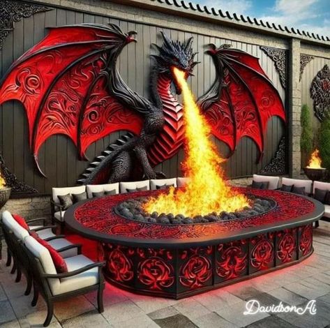 Unusual Fireplaces, Dragon Fireplace, Dragon Fire Pit, Dragon Furniture, Bad Clothes, Dragon Castle, Red Goth, Weird Furniture, Dragon Zodiac