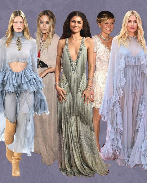 How The Boho Chic Trend Made Its Red Carpet Comeback Sienna Miller Boho Chic, 2000s Boho Chic, Fall Boho Chic Outfits, Boho Red Carpet, 70s Wedding Guest, 2000s Red Carpet Looks, Boho Chic Outfits Fall, Satc Fashion, Season Palette