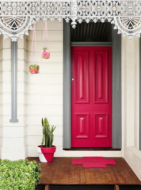 Red Front Door, Beautiful Front Doors, Dulux Paint, Viva Magenta, Pink Door, Traditional Exterior, Front Door Colors, Painted Ceiling, Red Door