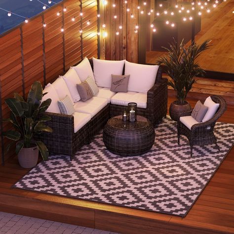 PRICES MAY VARY. Outdoor Rug Front Porch Corner Decorating Ideas, Small Backyard Seating Area, Deck Set Up, Small Deck Decor, Outdoor Rooftop Patio Ideas, Backyard Furniture Ideas Seating Areas, Small Patio Seating, Cozy Patio Decorating Ideas, Large Deck Decorating Ideas