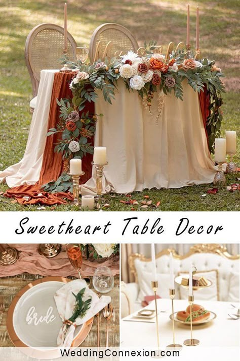 Terracotta Wedding Sweetheart Table, Sweetheart Wedding Table Decor, Rustic Wedding Sweetheart Table Ideas, Mr And Mrs Table Wedding, Couple Table Wedding, Sweet Heart Table Ideas, Fall Wedding Sweetheart Table, Sweet Heart Table Decor, Fall Sweetheart Table