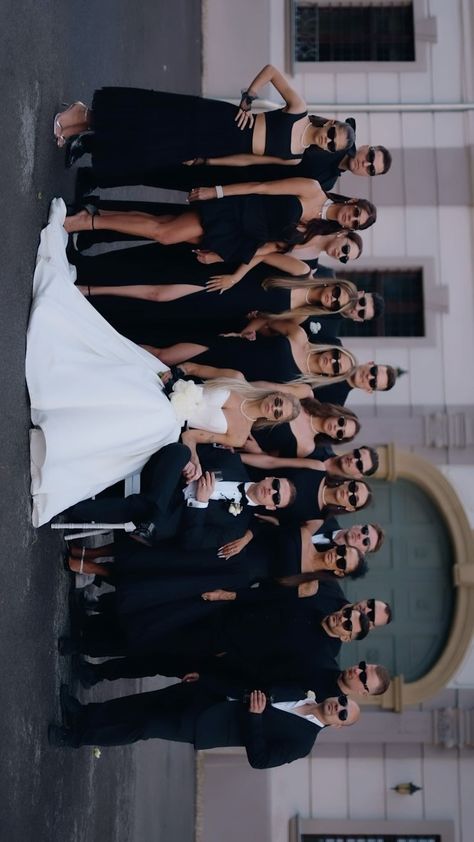 Wedding • Instagram Blake Tie Wedding, Wedding Photo With Friends, Photographer List For Wedding, Black And White Wedding Family Photos, Self Wedding Photo, Black Attire Wedding Guest Photos, Black And White Bride And Groom, Wedding Party Black And White, 7 Bridesmaids And 7 Groomsmen