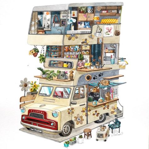 william sim on Instagram: "A retro looking ice-cream van converted into tiny house on wheels. Watercolour on archival paper, size 30 x 40cm #bockingfordpaper #stcuthbertsmill Watercolour on Bockingford Cold-pressed 300gsm. Image copyright : William Sim. (Work copyrighted and not to be replicated in any form.)" Ice Cream Van, Shop Illustration, Best Sims, Car Illustration, Tiny House On Wheels, House On Wheels, Pulp Fiction, Drawing Painting, Cold Pressed