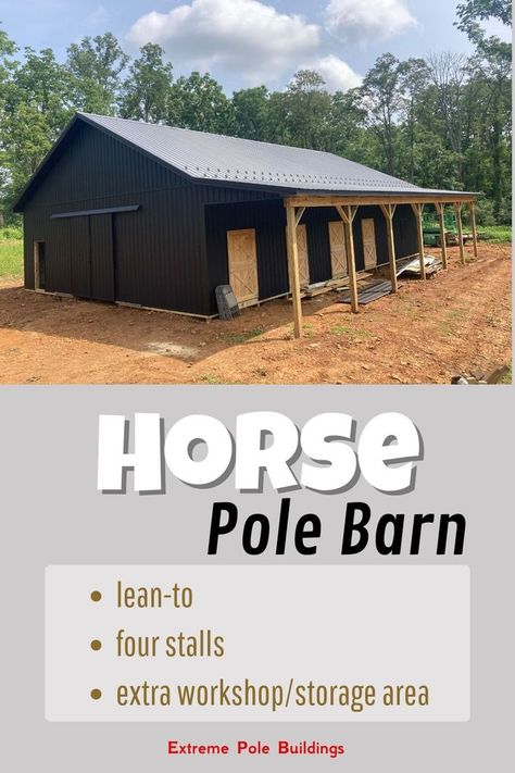 Looking for a custom pole barn to fit your needs perfectly? Check out our featured horse pole barn to get inspired by what is possible with an Extreme Pole Barn! Pole Barn Horse Barns, Black Pole Barns, Dividing Wall, Horse Barn Plans, Pole Buildings, Lean To, Pole Barns, Barn Plans, Custom Horse