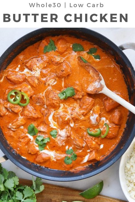 This Low Carb and Whole30 Butter Chicken is perfect for a weeknight dinner, entertaining friends, or even your weekly meal prep! Because it's made with ghee and coconut cream and served with cauliflower rice, it's also Paleo, grain free, and gluten free! Macro Planning, Whole30 Meal Prep, Dairy Free Low Carb, Macros Diet, Counting Macros, Weekly Meal Prep, Mom Recipes, Breakfast Low Carb, Butter Chicken Recipe