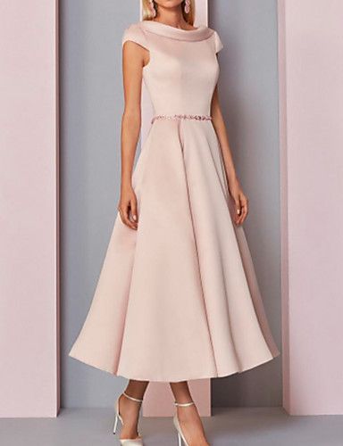 A-Line Cowl Neck Ankle Length Satin Mother of the Bride Dress with Crystals by LAN TING Express Wedding Guest Plus Size, Satin Short Sleeve, Mother Of Bride Outfits, Mother Of Groom Dresses, Dress Wedding Guest, Satin Short, Bride Clothes, Mom Dress, Mother Of The Bride Dress