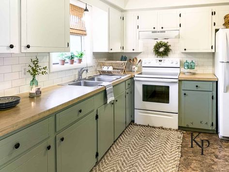 White Upper Green Lower Cabinets, Tiny Kitchen Green Cabinets, Paint Schemes For Kitchen, Off White And Green Kitchen Cabinets, Sage Lower Cabinets White Upper, Green Kitchen Cabinets Cottage Core, Kitchen Green Lower Cabinets White Upper, Lower Green Kitchen Cabinets, Green Kitchen Lower Cabinets