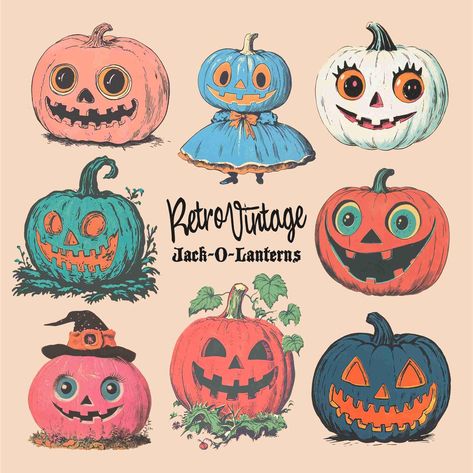 Howdy pumpkin! Retro vintage-inspired Halloween jack-o-lantern clipart bundle. Perfect for made-to-order t-shirts, DTG printing, print on demand, heat transfers, sublimation, stickers, posters, wall art, and lots more. Use this clip art for your small business, event, or your own personal use! Need a different file type? Send me a message after purchase and I'll be happy to help.  Design colors can be modified in Photoshop, Illustrator, Canva, Procreate, Cricut, Silhouette Studio or other design Pumpkin Vintage Illustration, Vintage Frankenstein Art, Vintage Jack O Lantern Illustration, Retro Jack O Lantern, Vintage Halloween Lantern, Vintage Jackolantern Art, Halloween Illustration Vintage, Vintage Pumpkin Art, Halloween Art Vintage