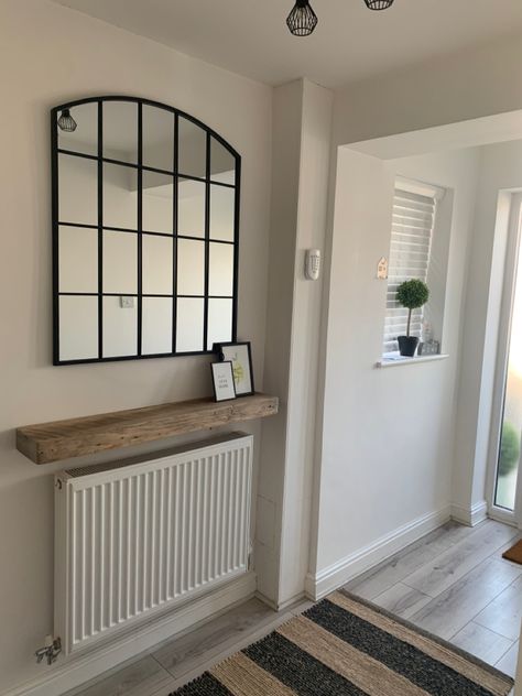 Hall Ways Ideas Neutral, Small Hallway Ideas With Radiator, Box Hallway Ideas, Mirror In Hallway Decor, Beige And Black Hallway Ideas, Mirror Above Radiator, Black And Cream Hallway, Hallway Inspiration Small, Industrial Hallway Ideas