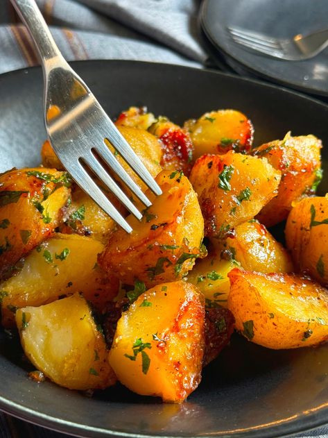 Korean Honey Butter Potatoes | 12 Tomatoes Korean Style Potatoes, Hibachi Potatoes, Honey Butter Potatoes, Chinese Buffet Potatoes, Korean Potatoes Side Dishes, Honey Potatoes Recipes, Korean Sweet Potato Recipe, Honey Gold Potatoes Recipes, Korean Potato Side Dish