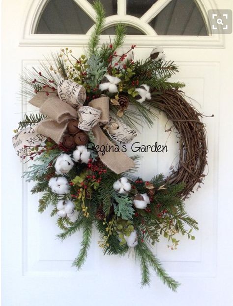 Cotton Boll Decor, Farmhouse Front Door Wreath, Cotton Boll Wreath, Chirstmas Decor, Holiday Wreaths Christmas, Farmhouse Front Door, Cotton Boll, Sleigh Bells, Christmas Wreaths For Front Door