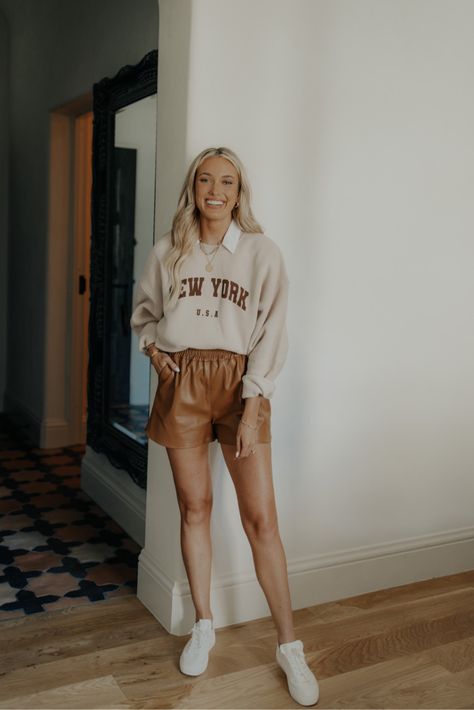 Shop Camille Brown Leather Shorts and other curated products on LTK, the easiest way to shop everything from your favorite influencers. Brown Leather Shorts, Fall Transition, Leather Shorts, White Sweatshirt, White Sneakers, Sam Edelman, So Excited, White Shorts, Nice Dresses