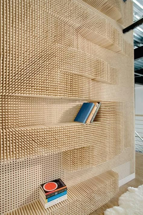 Dowel Wall Bookcase, Peg Wall, Parametric Design, Peg Board, Book Shelf, 3d Wall, Retail Design, Space Design, Feature Wall