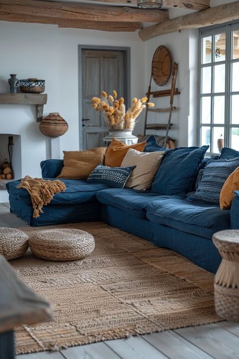 Blue Couch Green Pillows, Organic Modern Living Room Blue Couch, Terra Cotta Blue Living Room, Blue Couch Rustic Living Room, Cozy Living Room Blue Couch, Blue Couch With Rug, Living Rooms With Blue Sofas, Dark Blue Velvet Couch, Blue Rustic Living Room