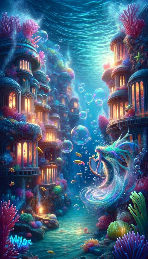 Lock Screen Wallpaper Lock Screen Wallpaper Marvel, Underwater City Fantasy Art, Whimsical Architecture, Wave Photos, Underwater House, Sunken City, Mermaid Artwork, Screen Wallpapers, Underwater Painting