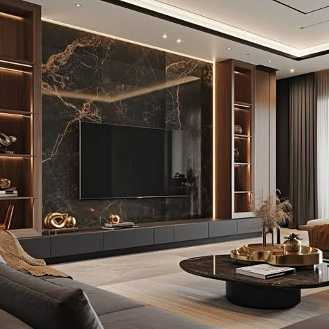 Tv Unit Design Modern Living Luxury, Tv Wall Design Luxury, Tv Wall Design Modern Luxury, Luxury Tv Wall, Modern Tv Room, Tv Wall Decor Ideas, Tv Unit Design Modern, Modern Luxury Interior, Modern Tv Wall Units