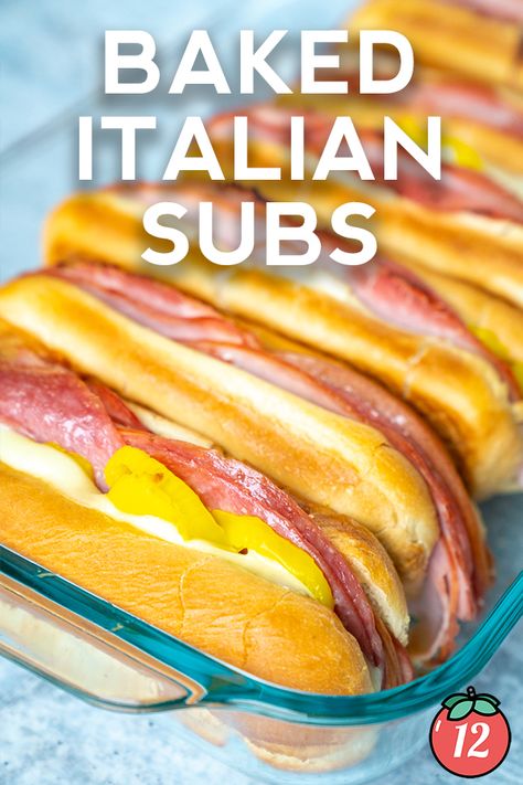 Baked Italian Subs | 12 Tomatoes Italian Subs, Sandwich Rolls, 12 Tomatoes Recipes, Cooking Panda, Italian Sub, Italian Sandwich, Banana Peppers, Cold Sandwiches, Sub Sandwiches