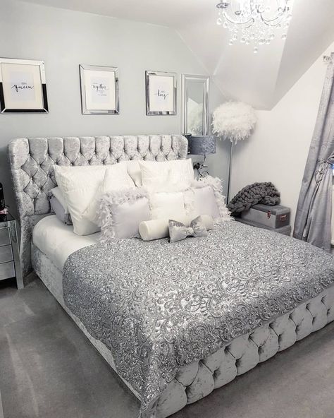 Grey And Silver Bedroom Ideas, Silver Bedroom Ideas, Grey And Silver Bedroom, Classy Rooms, Silver Bedroom, Grey Bedroom Decor, Frame Bed, Luxury Room Bedroom, Girl Bedrooms