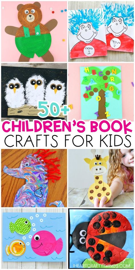 Check out this amazing list of over 50 children's book inspired crafts for kids. Great book crafts for preschool and early elementary age children. #iheartcraftythings Preschool Story Time Activities, Elementary Books With Crafts, Read Alouds With Crafts, Pre K Book And Craft, Preschool Reading Crafts, Early Preschool Crafts, Book Related Activities For Preschoolers, Kindergarten Crafts That Go With Books, Kindergarten Art Lessons With Books