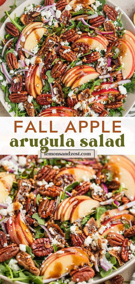 This Apple Arugula Salad recipe is loaded with crunchy roasted maple pecans, sliced apples, goat cheese crumbles, figs and a balsamic dressing to pull it all together. This is the perfect fall salad to celebrate apple season and more. Comes together in just 20 minutes and complements so many dishes or easily a full meal with added protein! Fall Salad Half Baked Harvest, Salad With Apples And Goat Cheese, Autumn Arugula Salad, Apple Pecan Fall Salad, Fruit Salad Thanksgiving Recipes, Light Fall Salad, Fall Salad Arugula, Apple Walnut Blue Cheese Salad, Apple And Arugula Salad