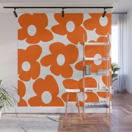 Orange Retro Flowers White Background #decor #society6 #buyart Wall Mural Orange Accent Walls, Flower Wall Painting, Flowers White Background, Motifs Organiques, Wall Murals Diy, Orange Retro, Wall Murals Painted, Background Decor, Orange Walls