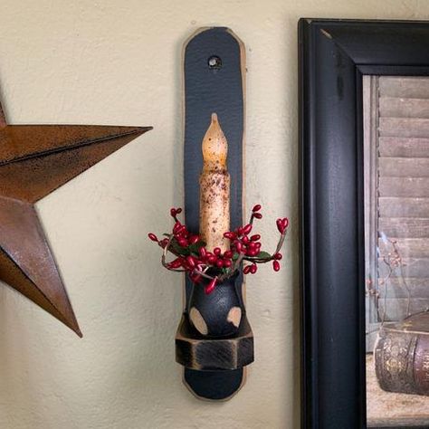 12" Black Wood Sconce - Grungy Drip Burgundy Timer Candle – Primitive Star Quilt Shop Vintage Candle Sconces, Primitive Decor Ideas, Wooden Sconces, Rustic Primitive Decor, Wine Glass Candle Holder, Timer Candles, Primitive Lighting, Primitive Star, Primative Decor