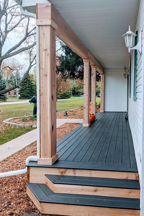 Front Porch With Steps All Around, Beam Porch Ideas, Front Wood Porch Ideas, Cedar Wood Posts Front Porch, Outdoor Remodel Ideas, Stained Wood Posts Front Porch, Modern Front Porch Makeover, Wood Porches Ideas, Raised Front Porch Design