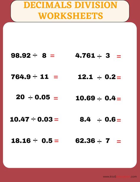 Division of Decimals Worksheet 5th Grade | FREE Download Check more at https://kto5education.com/division-of-decimals-worksheet-5th-grade-free-download/ Fractions Division, Decimal Division, Mental Maths Worksheets, Number Worksheet, Dividing Decimals, Teaching Math Strategies, Decimals Worksheets, Decimal Number, Division Worksheets