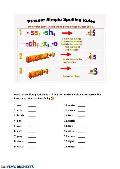 -s--es--ies - Interactive worksheet S Es Worksheets, S Es Ies Worksheets, S And Es Worksheet, S Or Es Worksheet, Preschool Sight Words Activities, Simple Present Tense Worksheets, Presente Simple, English Stories For Kids, Simple Present Tense