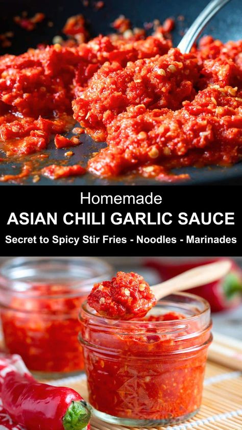 Spice up your dishes with a fiery Asian Chili Garlic Sauce! Try this quick and easy homemade spicy condiment. Perfect for stir fries, rice, soups & more. Heat up your culinary adventures by learning how to make batch at home today. Chile Garlic Sauce, Chili Garlic Paste Recipe, Huy Fong Chili Garlic Sauce Recipes, Garlic Chili Paste Recipe, Homemade Chili Garlic Sauce, Chilli Garlic Sauce Recipe, Garlic Chili Sauce Recipe, Chinese Chili Sauce Recipe, Chili Garlic Sauce Recipes