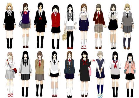 Various school uniforms including seifuku Japan School Uniform, Lakaran Fesyen, Anime Uniform, Japanese Uniform, High School Uniform, School Uniform Outfits, Art Outfits, Japanese School, Uniform Design