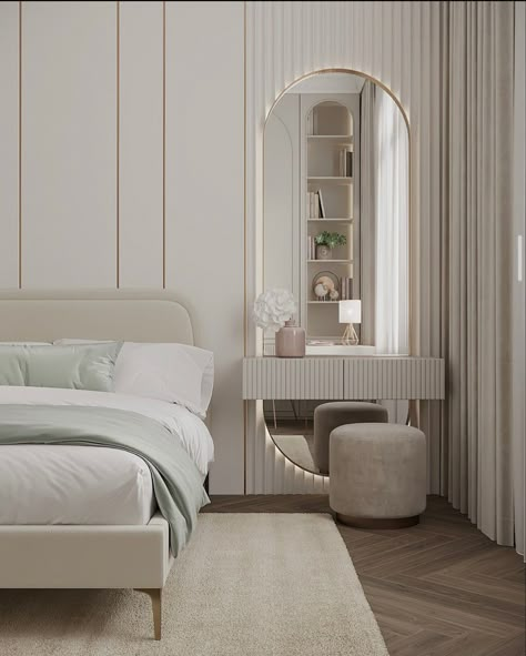 New Room Ideas Modern, Dressing Room And Bedroom, Daughter Bedroom Ideas Modern, Dressing Next To Bed, Elegant Bedroom Ideas Classy Modern, Minimalist Bedroom Decor Simple, Vanity Beside Bed, Dressing With Bed, Facial Bar Ideas