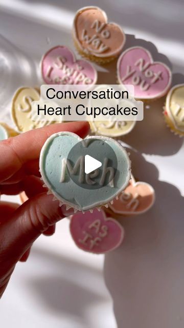 Alex LaRosa on Instagram: "Conversation hearts 🤍 ✨ place your marble in your cupcake tin to create a heart-shaped cupcake ✨ bake as usual ✨ add your buttercream in a heart shape ✨flip upside down and freeze on parchment paper for 10 minutes Supplies @nycake Piping tips @wiltoncakes Colors @colour.mill . . . . . #alexlarosabakery #valentinesdaycupcakes #conversationhearts #conversationheartcupcakes #pastelcupcakes #heartcupcakes" Heart Shaped Cupcakes, Pastel Cupcakes, Heart Cupcakes, Heart Cakes, Heart Place, Cupcake Tins, Conversation Hearts, Piping Tips, Converse With Heart