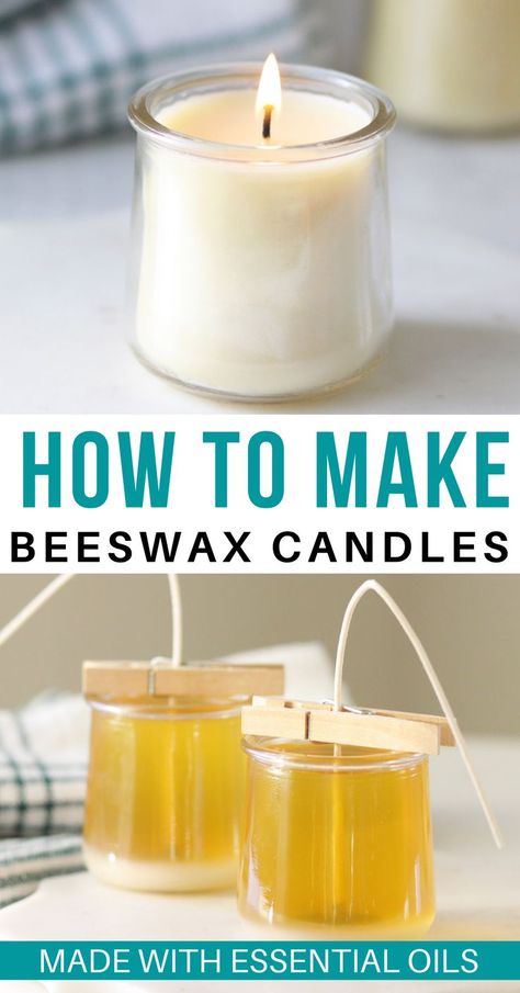 Homemade candles are such a fun thing to make and give as gifts, or just use throughout your home! In this post I’m going to show you just how easy it is to make beeswax candle recipes with essential oils, and tell you why you should consider swapping out store-bought candles for homemade! DIY, handmade, homemade gifts How To Make Beeswax Candles With Essential Oils, Homemade Orange Candles, Jars For Candle Making, Pine Candle Diy, How To Make Diy Candles, Candle Recipes With Essential Oils, Homemade Essential Oil Candles, Wax Crafts, Cinnamon Candles