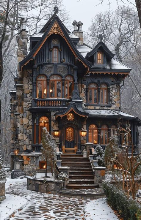 Victorian Gothic House Exterior, Gothic Tiny House, Fairy Cottage House, Small Castle, Fairytale Houses, Magical House, Fairytale House, House Dream, Old Mansions