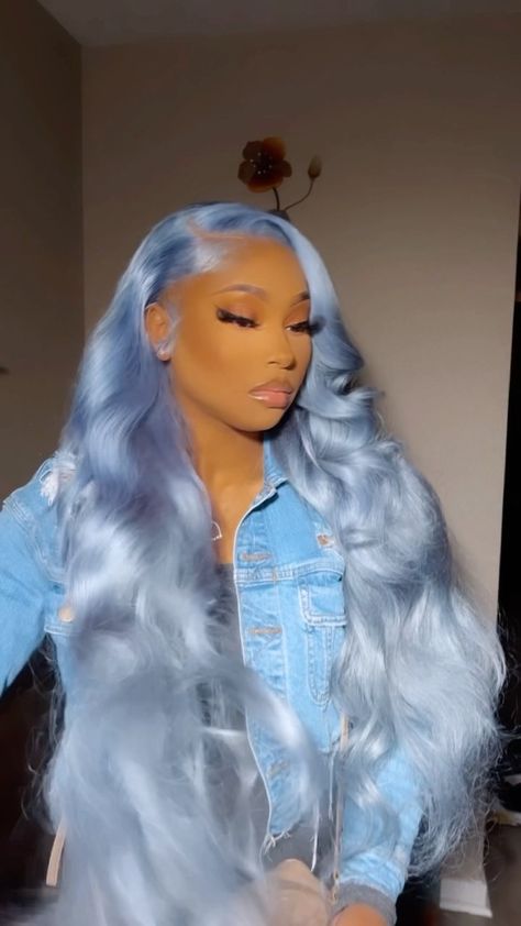 Silver Hair Hairstyles, Icy Blue Wig Install, Light Blue Wig Hairstyles, Winter Lace Front Wigs, Colored Wigs Hairstyles, Lace Wig Color Ideas, Ice Blue Wig, Custom Wigs For Black Women, Color Wig Ideas