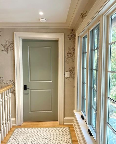 Gideon Mendelson: Interior Designer in New York | An off-white door was the obvious choice. We decided instead on a sage green that relates to the wall covering and adds personality to this… | Instagram Green Interior Doors With White Trim, Sage Green Interior Doors, Sage Green Door Interior, Green Interior Doors, Indoor Door Colors, Sage Green Door, Green Doors, Painted Interior Doors, Basement Remodel Diy