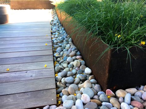 Landscaping With River Rock & Pebble | Southwest Boulder & Stone River Rock House, Landscaping With River Rock, Sidewalk Landscaping, Pebble Landscaping, River Pebbles, River Rock Landscaping, Rock House, Rock And Pebbles, House On The Rock