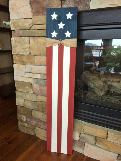 American flag porch sign, tall welcome sign ★DESCRIPTION★   ►48"x9" (4 foot) This charming patriotic 'Americana' sign is the perfect way to greet your guests!  This sign is done in classic americana colors: brick red, cream, and navy and then finished off with a rustic burlap ribbon at the top.  This board can be further distressed upon request, sanding the edges to reveal a bare wood 'halo' around the entire board. This sign would makes the perfect wedding or housewarming gift!   Our Painted door signs are made with only the best quality hand inspected, hand picked boards. We  ensure all of our boards have no splits, cracks, or other major imperfections. Our sign boards are then hand sanded and finished smooth. After painting, we DOUBLE coat your beautiful entryway porch sign to protect f Flag Wood Projects, American Flag Wood Projects, Sign For Front Door, Wood Porch, 4th Of July Decor, Wooden Porch, Front Porch Signs, Porch Welcome Sign, Fourth Of July Decor