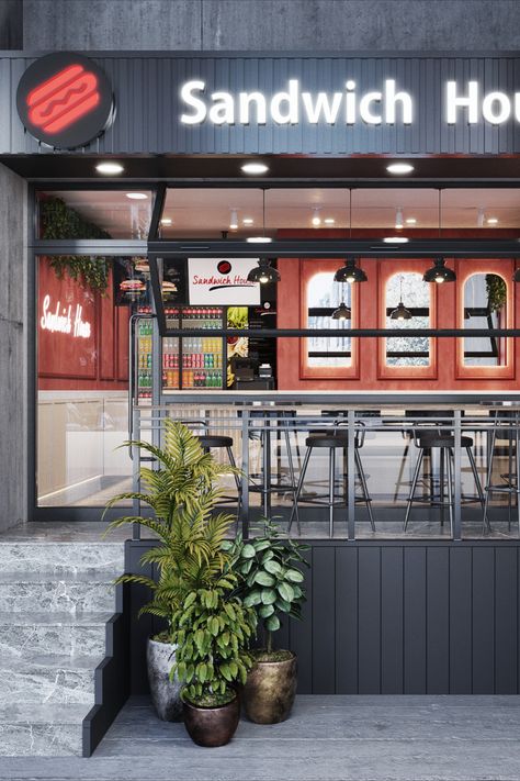 Small sandwich place interior design 🌭 Sandwich Shop Design, House Facade Design, Interior Design Industrial, Small Restaurant Design, Sandwich Restaurant, Small Restaurant, House Facade, Sandwich Shops, 3d Studio