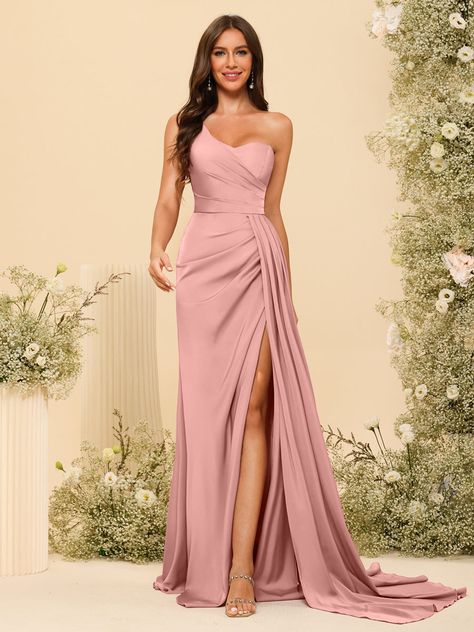 Lavetir sells a large selection of 2024 new bridesmaid dresses and wedding party dresses online. Here is the dress detail: Fabric: Silk Satin; Silhouette: Sheath/Column; Neckline: One-Shoulder; Sweetheart; Hemline/Train: Floor-Length; Embellishment: Split Side; Ruched; Watteau Train; Sleeve: Sleeveless; Waist: Natural; Back Style: Zipper; Built-In Bra: Yes; Season: Spring; Summer; Fall; Winter; Shown in Mauve color. Pearl Pink Color, Watteau Train, Dresses With Split, Dusty Pink Dresses, Dusty Rose Bridesmaid Dresses, Long Formal Dresses, Dusty Rose Dress, Party Dresses Online, Dusty Rose Color