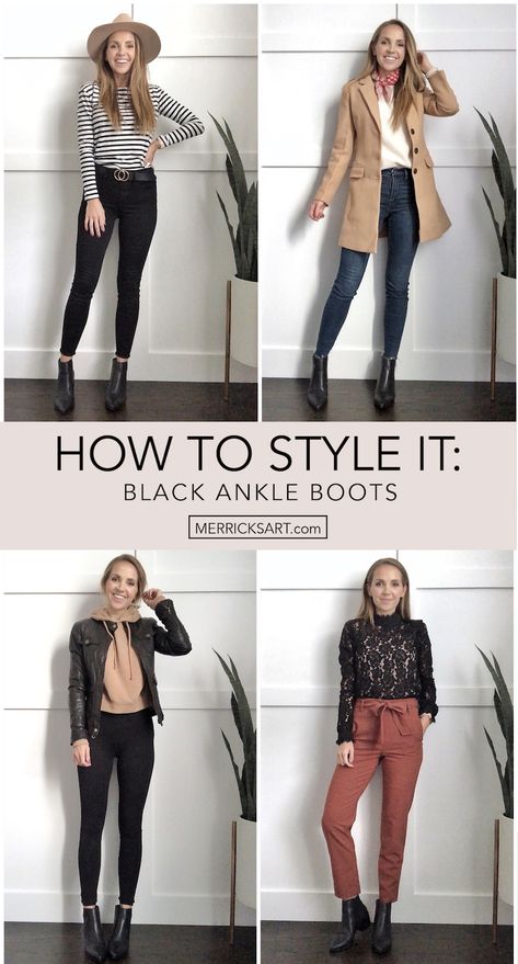 4 ways to wear it: black bootie outfits Work Outfit With Chelsea Boots, Fall Work Outfits Boots, Outfits With Small Boots, Heeled Black Ankle Boots Outfit, Dress Pants With Ankle Boots Work, Brown Bootie Outfits Winter, Black Boot Outfits Fall, Bootie Work Outfit, Business Casual Black Boots