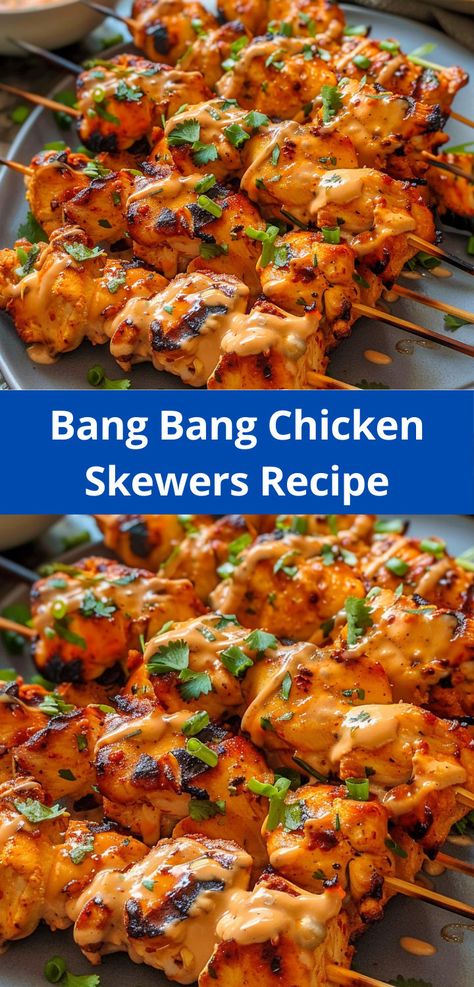 Enjoy spicy Bang Bang Chicken Skewers, a quick and easy meal packed with flavor! Spicy Chicken Skewers, Bang Bang Chicken Skewers, Bang Bang Sauce, Bang Bang Chicken, Chicken Skewer Recipe, Skewer Recipes, Favorite Recipes Dinner, Chicken Kebabs, Chicken Skewers