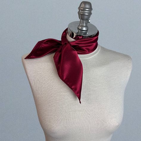 Simple and elegant neck scarf. Made of soft satin.  Color: burgundy (other colors are available) Size: 50 x 50 cm We have matching bags and other accessories in our Etsy Shop! We accept credit cards! Neck Scarf Drawing, Vintage Neck Scarf, Cute Outfits With Scarfs, Neck Scarf Styles, Scarf On Neck, Outfits With Ties For Women, Red Neck Scarf, 1940s Scarf, Scarf Around Neck