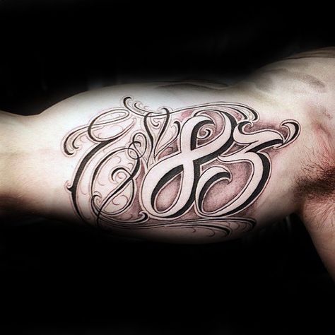 Mens Script Ornate Est 83 Inner Arm Bicep Tattoo Inner Bicep Men Tattoo, Tattoo Inside Bicep Men, Inner Bicep Tattoo Men Simple, Est Tattoos For Men, Arm Bicep Tattoo, Bicep Tattoo Men Inner, Est Tattoo, Wording Tattoo, Est Tattoos