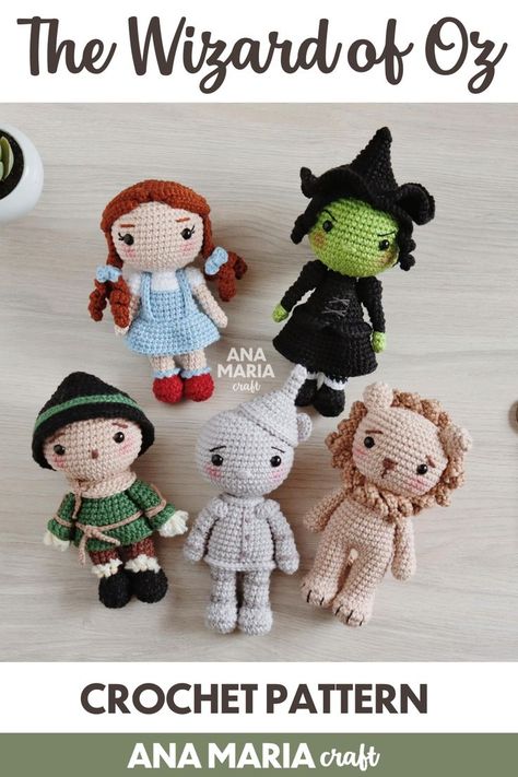 Learn how to make the four friends and the Wicked Witch of The Wizard of Oz! This pattern is available in English. Detailed explanation ebook containing step-by-step photos for crocheting Dorothy, Scarecrow, Tin Man, Lion and Wicked Witch. NOTE: Knowledge in basic crochet and making of Amigurumis is required. DIFFICULTY: Intermediate/Advanced. US terms. Wizard Of Oz Amigurumi, Crochet Wizard Of Oz Free Pattern, Wizard Of Oz Crochet Patterns, Crochet Story Book Characters, Crochet Wizard Of Oz, Wizard Of Oz Crochet, Crochet Wizard, Wizard Of Oz Art, Dorothy Scarecrow