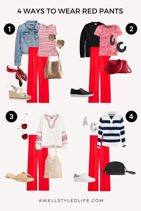 This week I am musing about fashion that I spotted while traveling this summer and 4 ways to wear red pants. Red Pant Outfits For Women, Red Style Outfit, What To Wear With Red Pants, How To Style Red Pants, Red Pants Outfit Summer, Outfit With Red Pants, Red Pants Outfit Street Style, Red Pants Summer, Red Pants Outfit Work