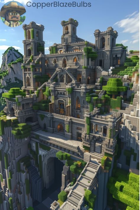 Minecraft Castle Built Into Mountain, Minecraft Castle Side Of Mountain, Grand Minecraft Builds, Mansion Ideas Minecraft, House On Hill Minecraft, Big Minecraft Building Ideas, Castle Exterior Minecraft, Minecraft Castle On A Hill, Minecraft Giant Castle